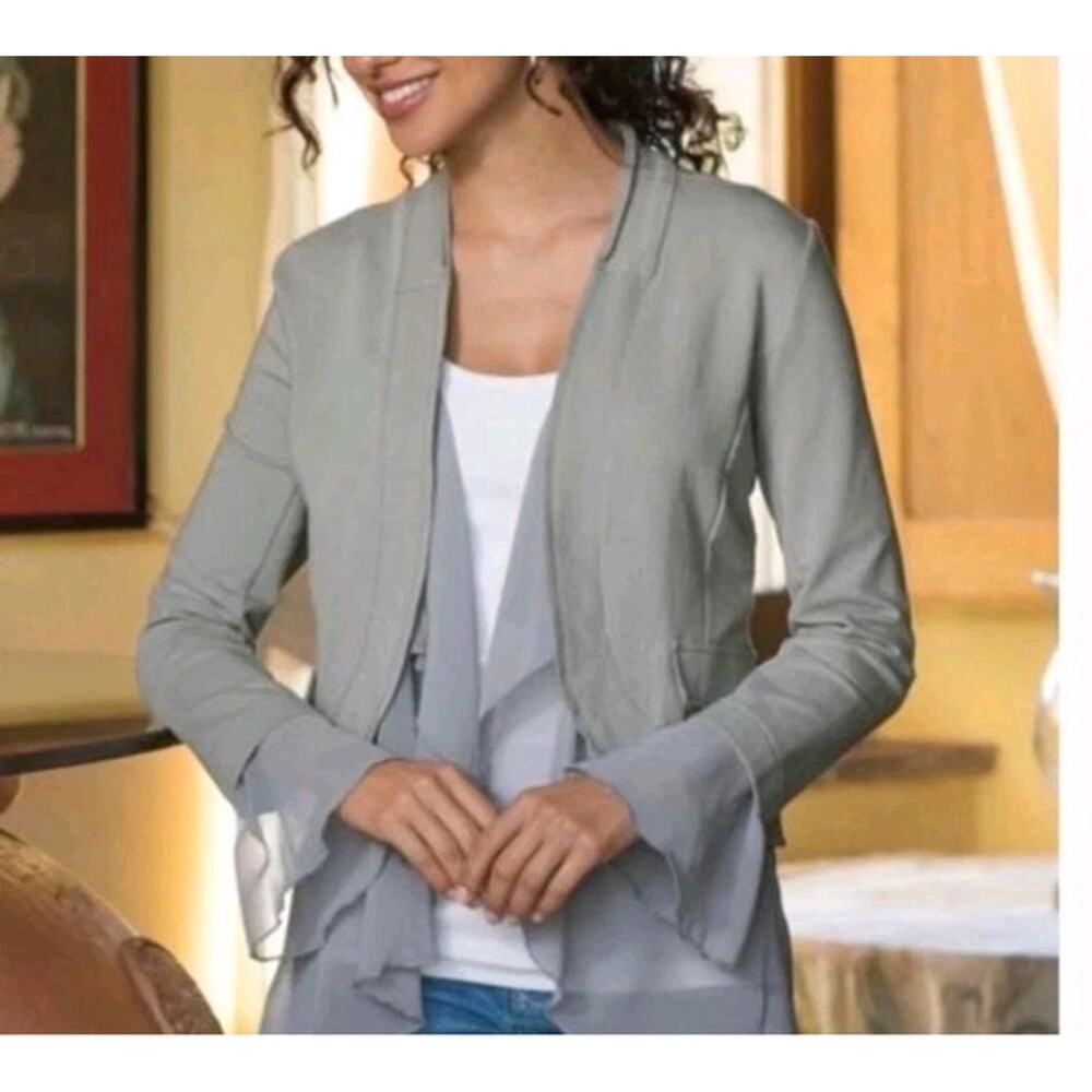 Soft Surroundings Open Cardigan Size L Gray Sheer Trim Chloe French Terry Jacket